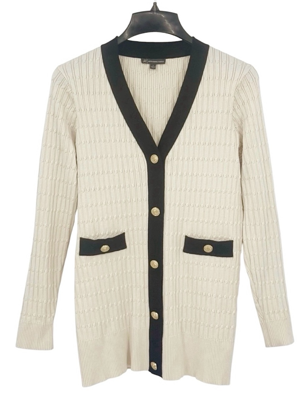 Adrianna Papell Textured Knit V-Neck Cardigan Cream Black Size Large